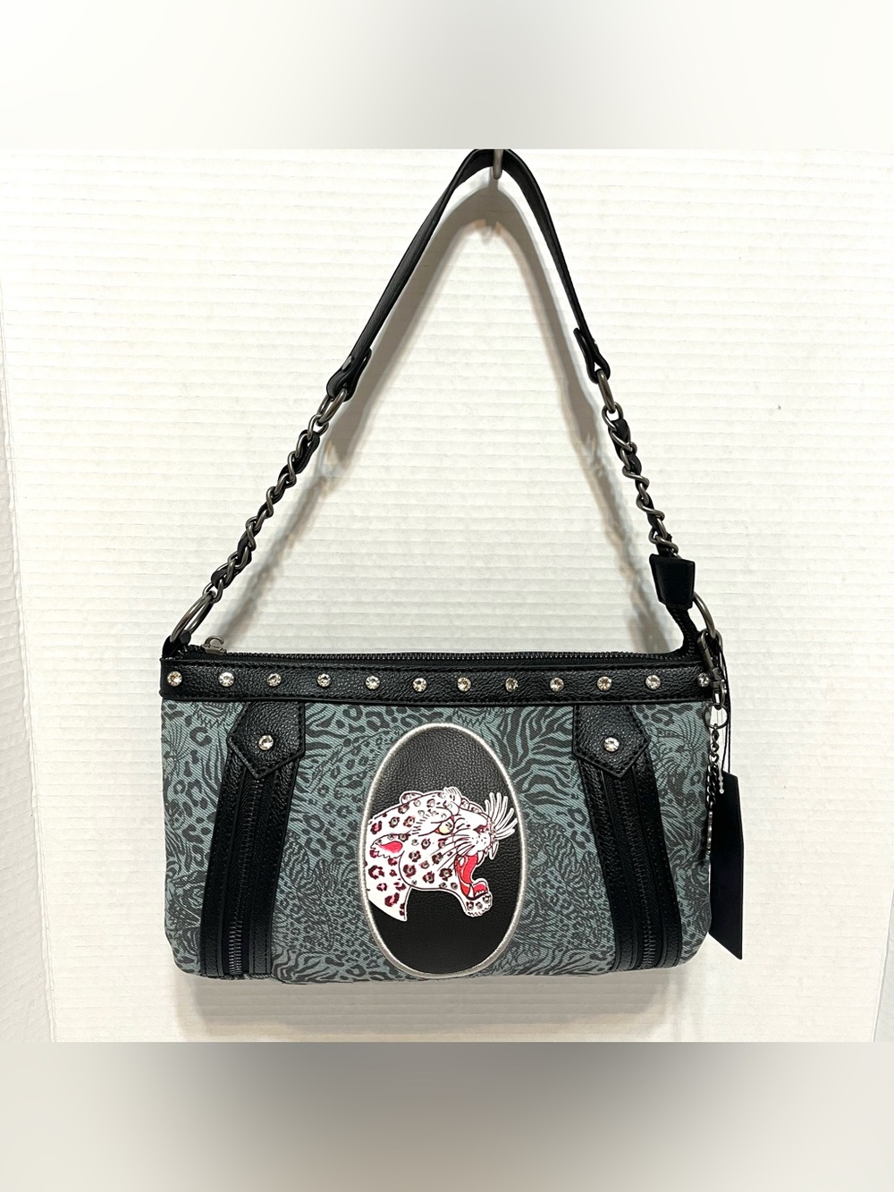 Ed Hardy Black Blue Gray Leopard Patch Studded Shoulder Bag Chain Strap Gunmetal